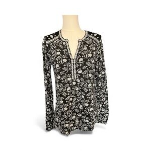 🌿🖤 EUC LUCKY BRAND Black & White Embroidered Boho Top | Sz Small Petite